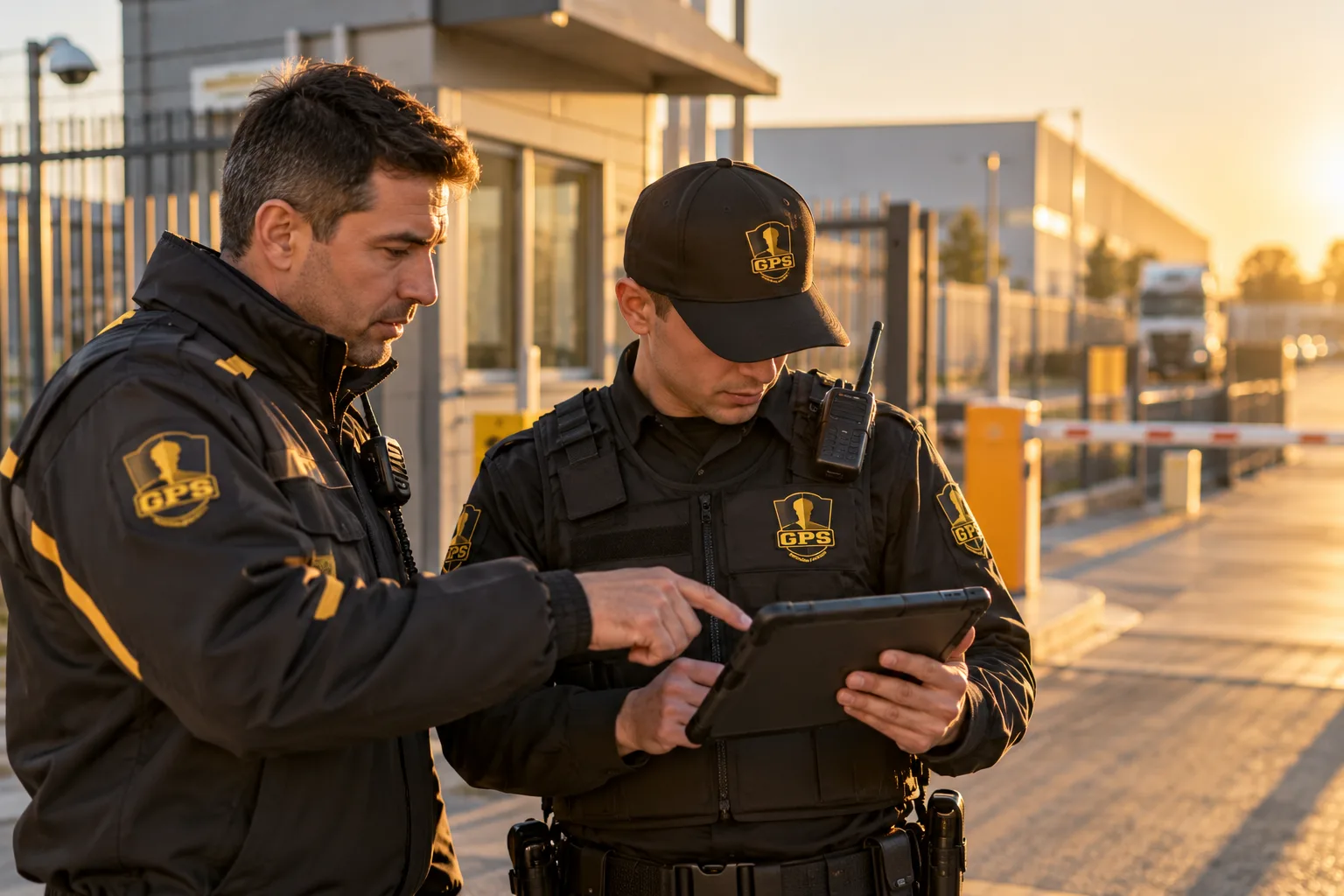 Supervisor y guardia de Grupo GPS revisando la operación en el acceso de una instalación